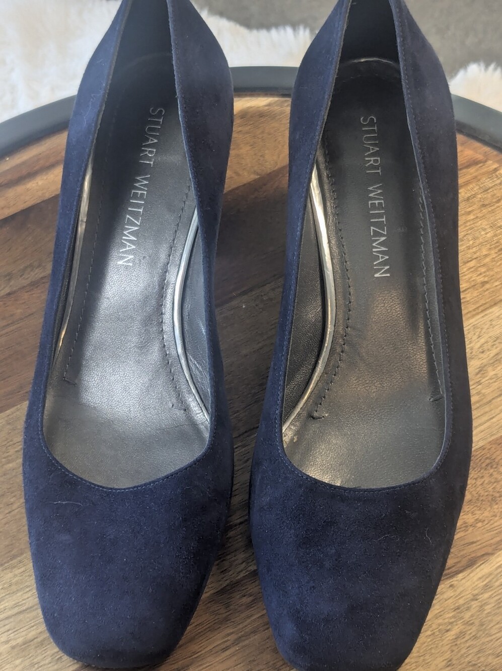 Stuart Weitzman Marymid  Navy Suede Square Toe Block Heel Pumps Women’s Size 9.5